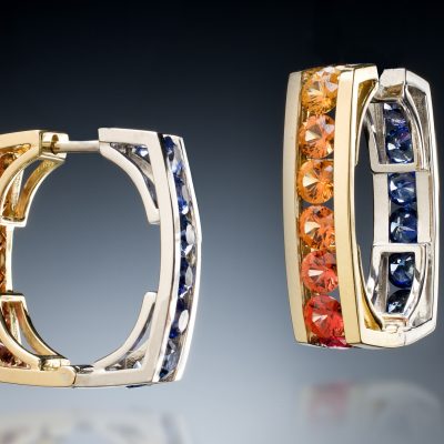 EARRING 670 - Orange and Blue Sapphires in 18kt Yellow and White Gold. Reversible Earrings