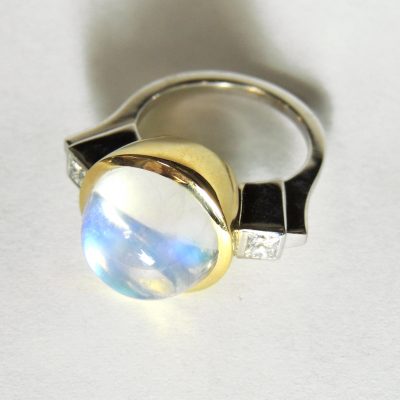 RING 0147 – Blue Moonstone and Diamonds in 18k Yellow and White Gold