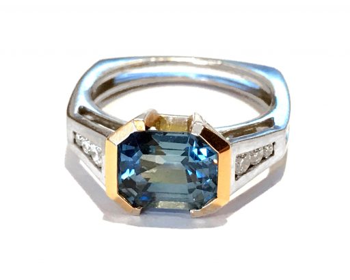 RING 0659 - Blue Sapphire and Diamonds in 18k Rose and White Gold