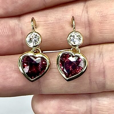 EARRING A-1127 - Heart Shaped Garnets and Diamonds in 18K Yellow Gold