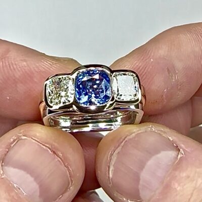 RING A-1022 - 3-Stone Blue Sapphire and Diamonds in 18K Rose and Platinum