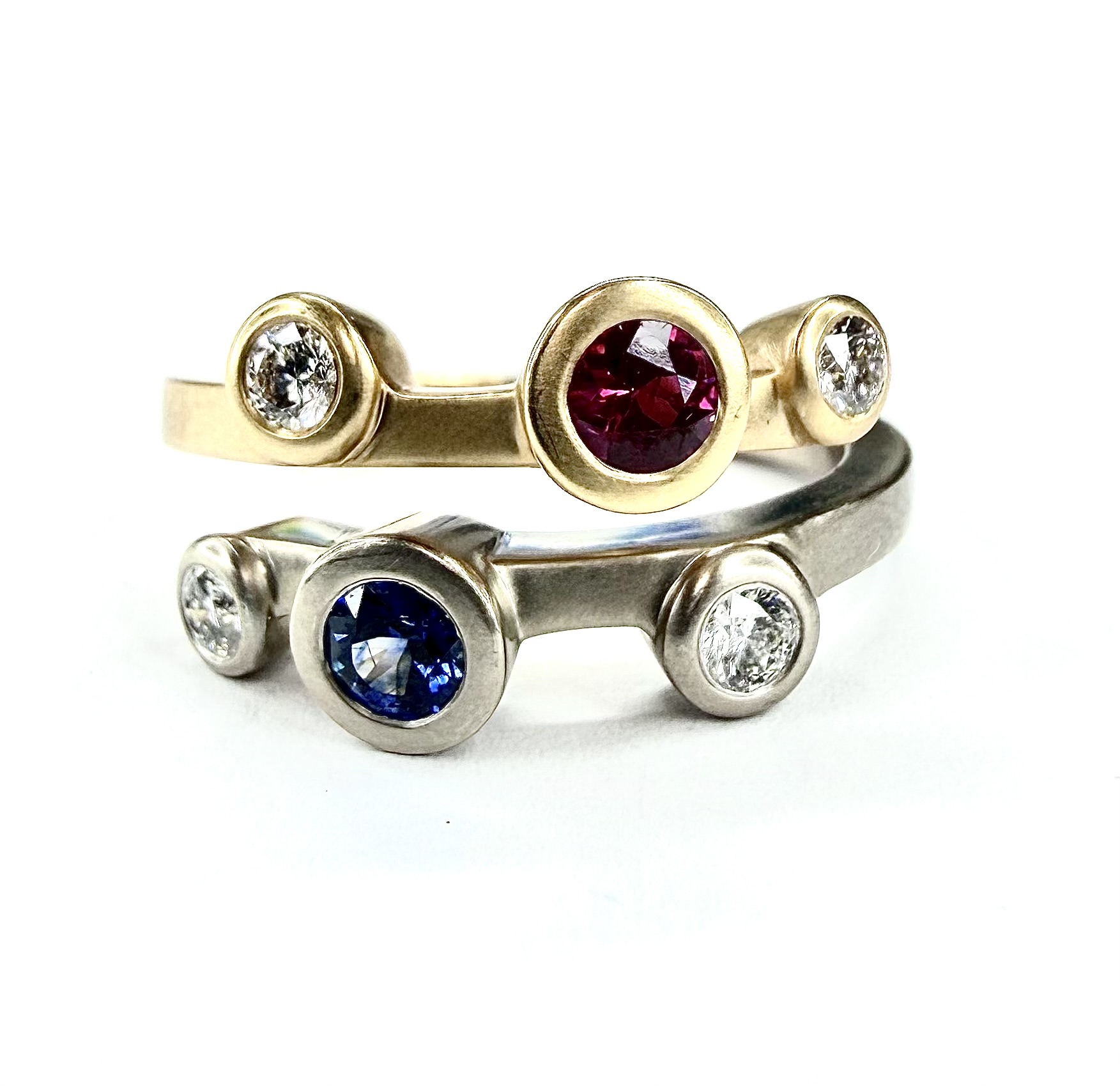 RING 0701 - Blue Sapphire, Ruby and Diamonds in 18K Rose and White Gold