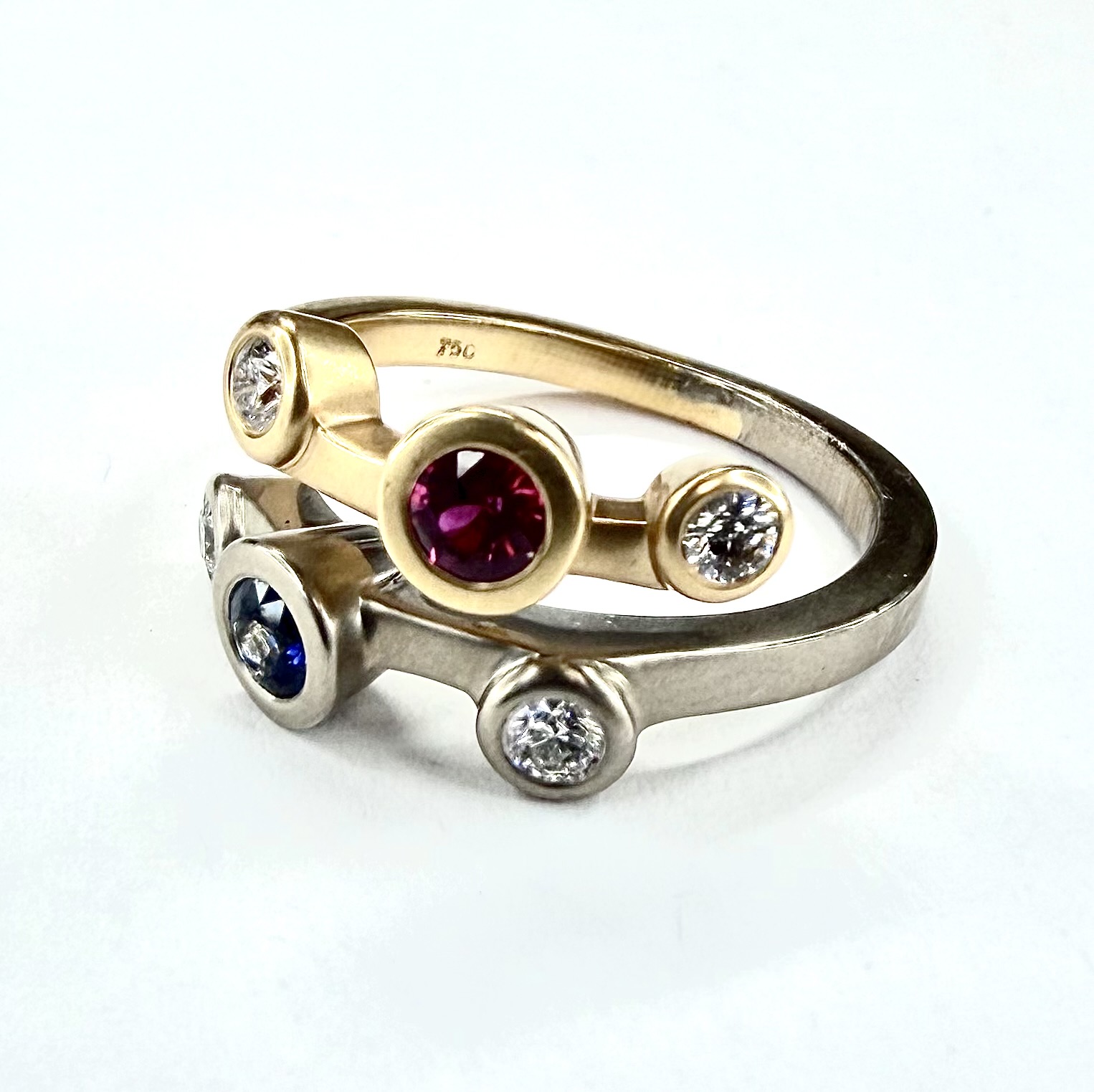 RING 0701 - Blue Sapphire, Ruby and Diamonds in 18K Rose and White Gold - Image 2