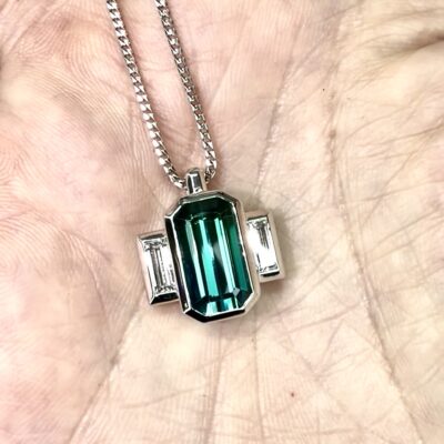 Pendant 973 - Green Tourmaline and Diamonds in Platinum