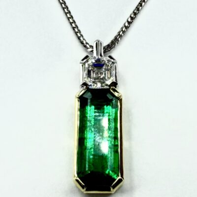 PENDANT 0974 - Emerald and Diamond in 18k Yellow and White Gold and Platinum (w/chain)