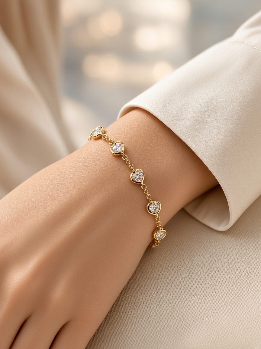 BRACELET 1075 - Heart Shaped Diamonds in 18k Yellow Gold - Image 3